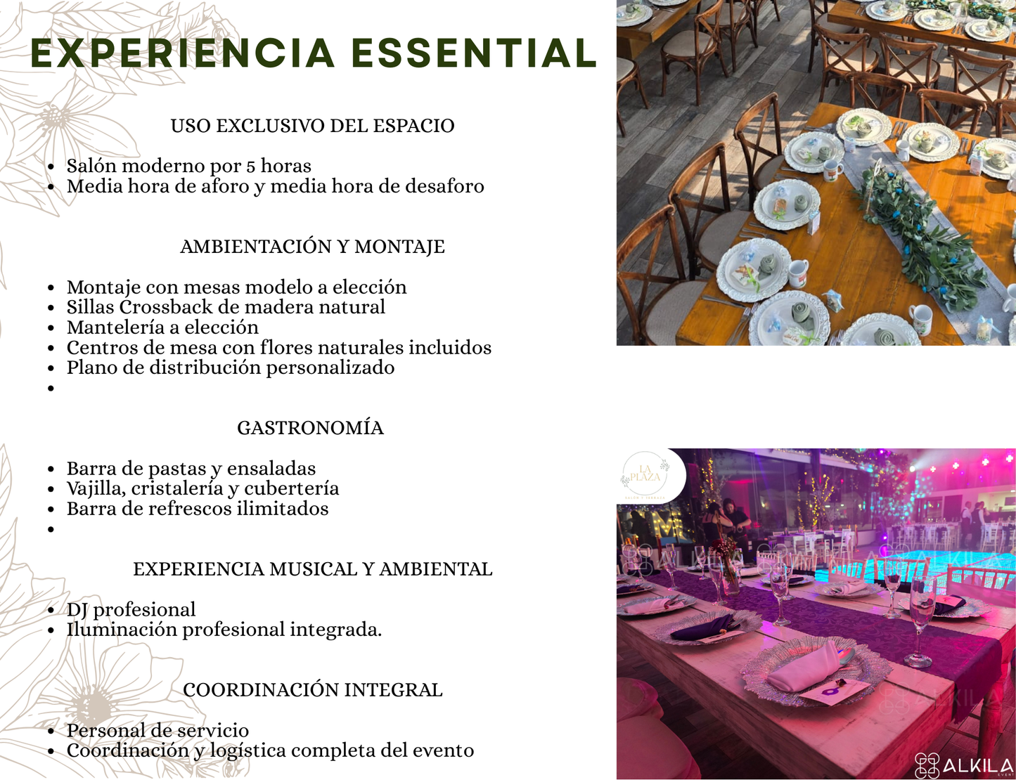 Barra de pastas y ensaladas con montaje mesas y sillas